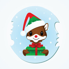 Christmas Reindeer Cartoon Illustration - A reindeer with a santa hat and a gift box in a snow globe with snowflakes on it - Vector file