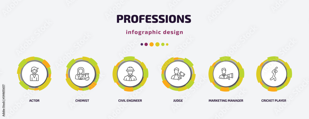 Poster professions infographic template with icons and 6 step or option. professions icons such as actor, c