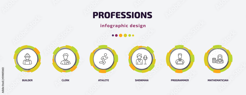 Poster professions infographic template with icons and 6 step or option. professions icons such as builder,