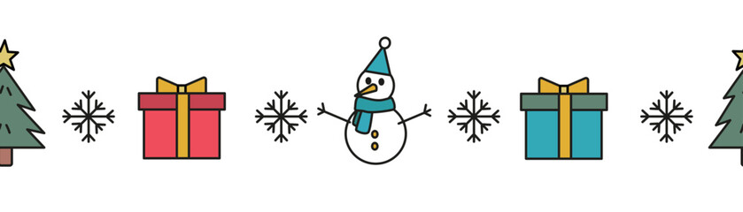 Endless long New Year's Christmas pattern: snowman, Christmas tree, gifts, snowflakes