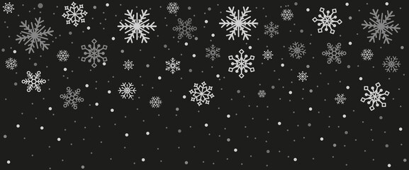 Falling snow on a black background. Vector illustration. Abstract snowflake background. Fall of snow.