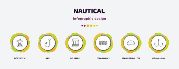 nautical infographic template with icons and 6 step or option. nautical icons such as lighthouse, bait, big barrel, ocean waves, prawn facing left, fishing hook vector. can be used for banner, info