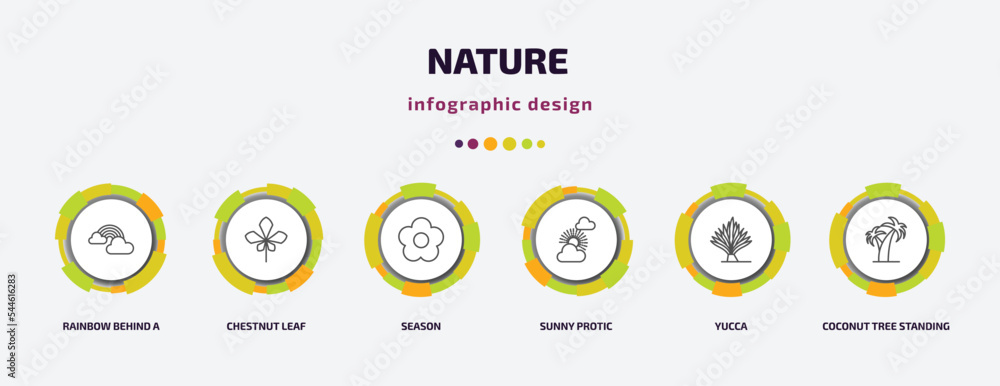 Poster nature infographic template with icons and 6 step or option. nature icons such as rainbow behind a c