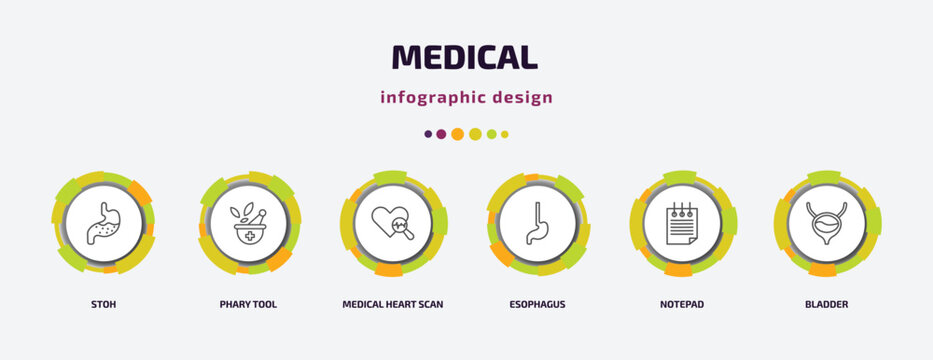 Medical Infographic Template With Icons And 6 Step Or Option. Medical Icons Such As Stoh, Phary Tool, Medical Heart Scan, Esophagus, Notepad, Bladder Vector. Can Be Used For Banner, Info Graph, Web,