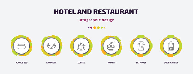 hotel and restaurant infographic template with icons and 6 step or option. hotel and restaurant icons such as double bed, hammock, coffee, ramen, bathrobe, door hanger vector. can be used for