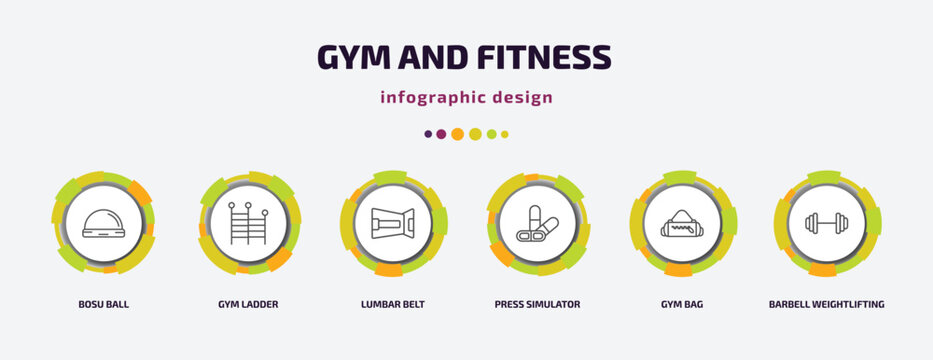 gym and fitness infographic template with icons and 6 step or option. gym and fitness icons such as bosu ball, gym ladder, lumbar belt, press simulator, bag, barbell weightlifting vector. can be