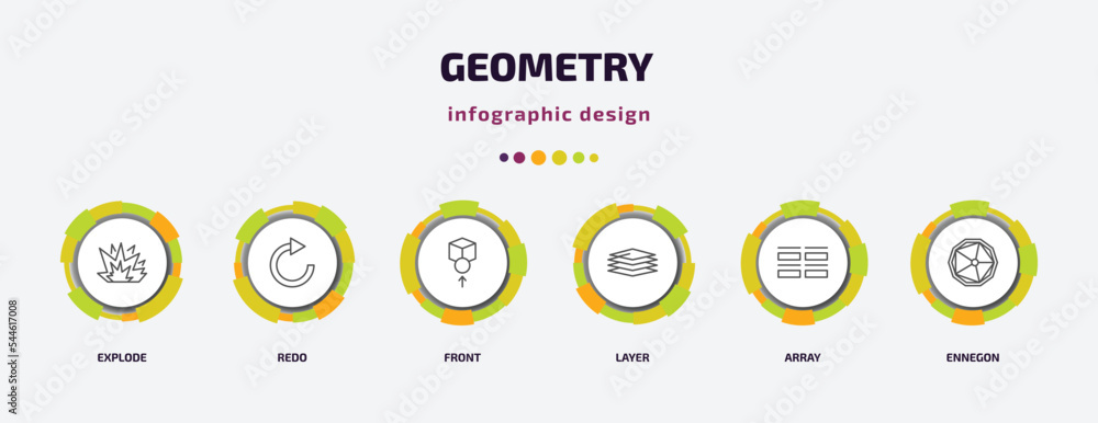 Poster geometry infographic template with icons and 6 step or option. geometry icons such as explode, redo,