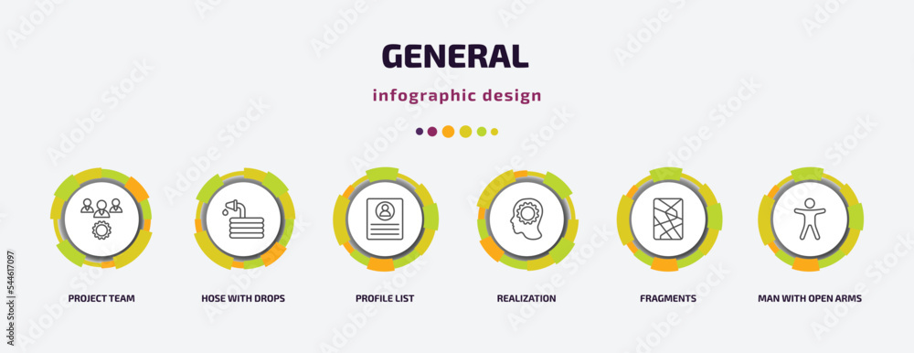 Poster general infographic template with icons and 6 step or option. general icons such as project team, ho