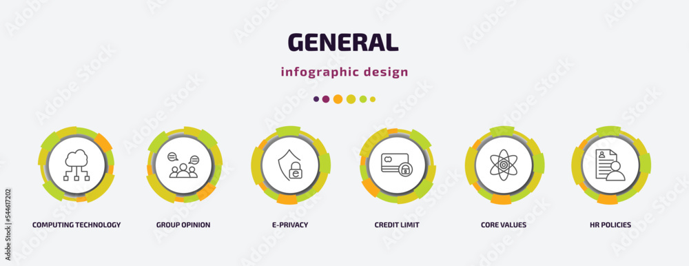 Poster general infographic template with icons and 6 step or option. general icons such as computing techno