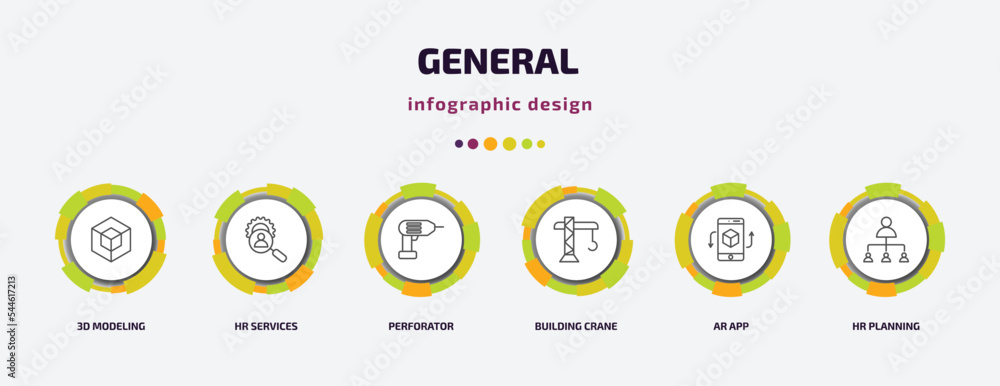 Poster general infographic template with icons and 6 step or option. general icons such as 3d modeling, hr 
