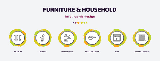 furniture & household infographic template with icons and 6 step or option. furniture & household icons such as radiator, chimney, wall shelves, small saucepan, oven, chest of drawers vector. can be