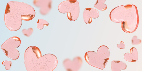 Flying heart shaped pink sweets on blue background. Valentines day greeting card. Banner.