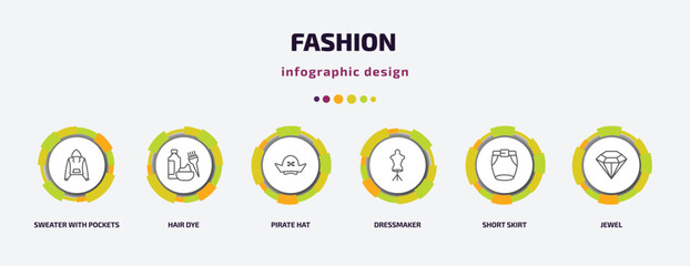 fashion infographic template with icons and 6 step or option. fashion icons such as sweater with pockets, hair dye, pirate hat, dressmaker, short skirt, jewel vector. can be used for banner, info