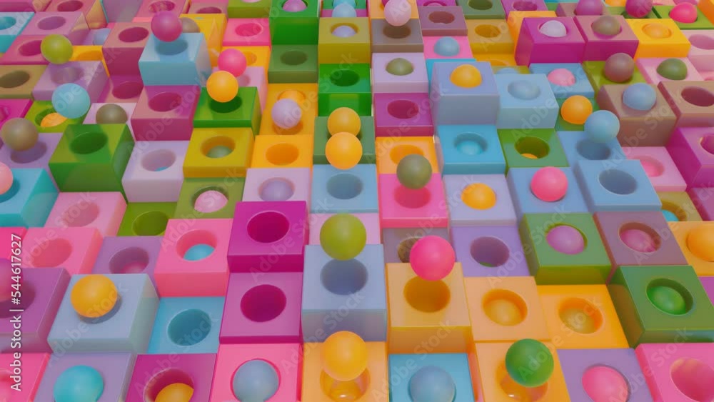 Poster animated looped background of multi-colored cubes and balls flying out of them. 3d render