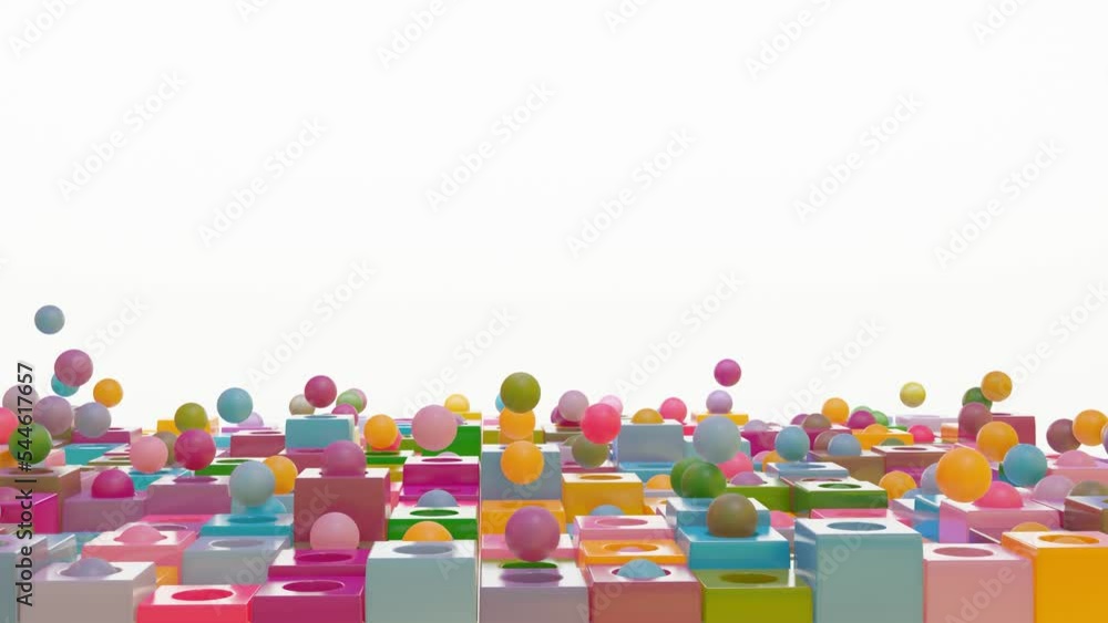 Poster animated looped background of multi-colored cubes and balls flying out of them. 3d render