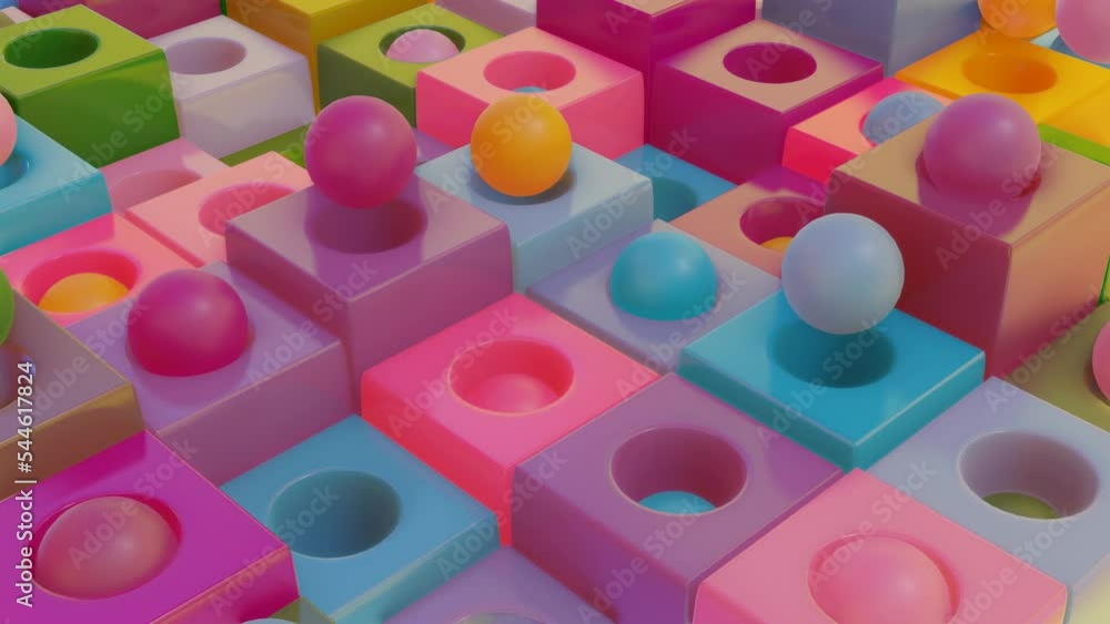 Poster animated looped background of multi-colored cubes and balls flying out of them. 3d render