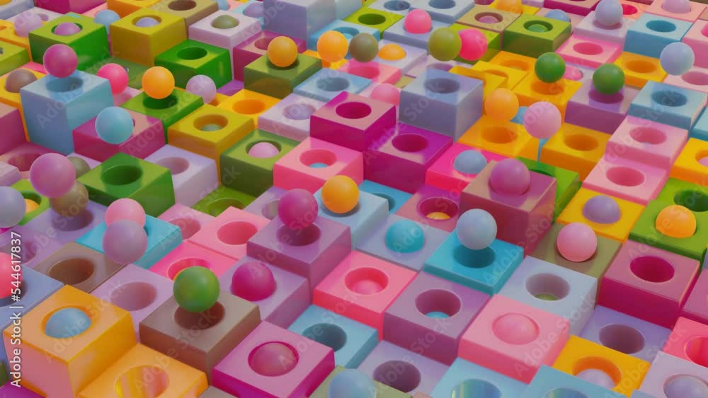 Poster animated looped background of multi-colored cubes and balls flying out of them. 3d render