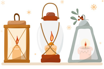 Vector vintage kerosene lantern with candle old glowing lamp winter holiday decoration. Fancy inspiration vector for Christmas card, wedding, date, birthday or holiday party.