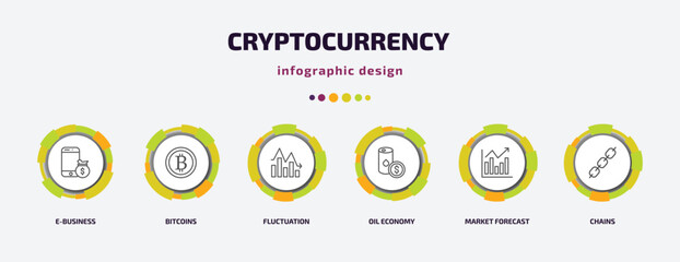 cryptocurrency infographic template with icons and 6 step or option. cryptocurrency icons such as e-business, bitcoins, fluctuation, oil economy, market forecast, chains vector. can be used for