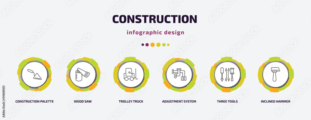 Poster construction infographic template with icons and 6 step or option. construction icons such as constr