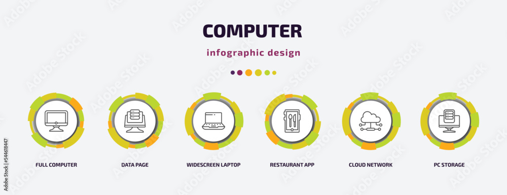 Poster computer infographic template with icons and 6 step or option. computer icons such as full computer,