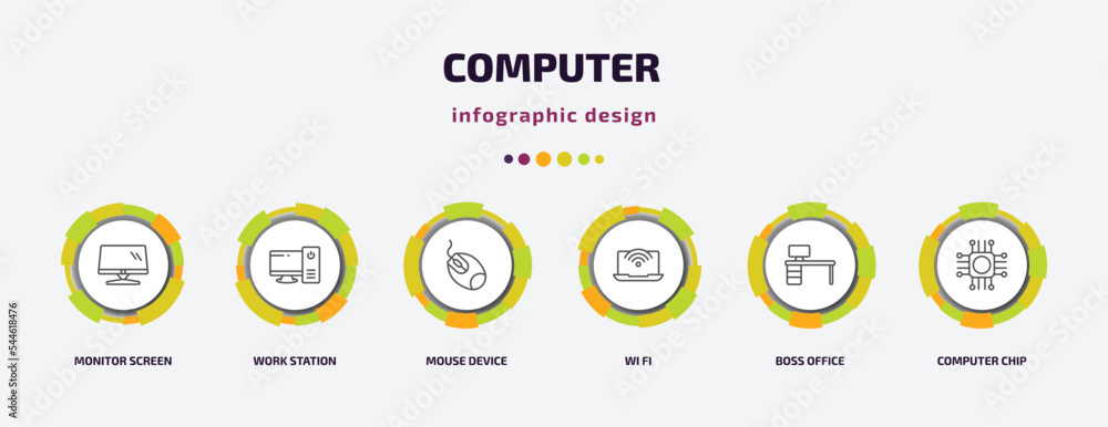 Poster computer infographic template with icons and 6 step or option. computer icons such as monitor screen