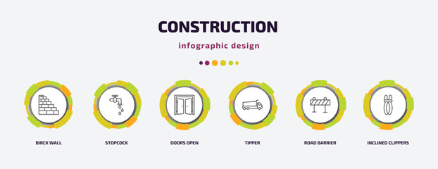 construction infographic template with icons and 6 step or option. construction icons such as birck wall, stopcock, doors open, tipper, road barrier, inclined clippers vector. can be used for