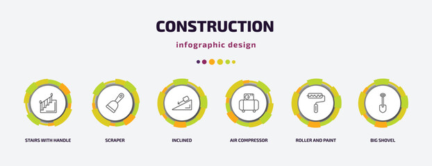 construction infographic template with icons and 6 step or option. construction icons such as stairs with handle, scraper, inclined, air compressor, roller and paint, big shovel vector. can be used