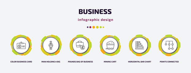 business infographic template with icons and 6 step or option. business icons such as color business card, man holding a big coin, pounds bag of mining cart, horizontal bar chart, points connected