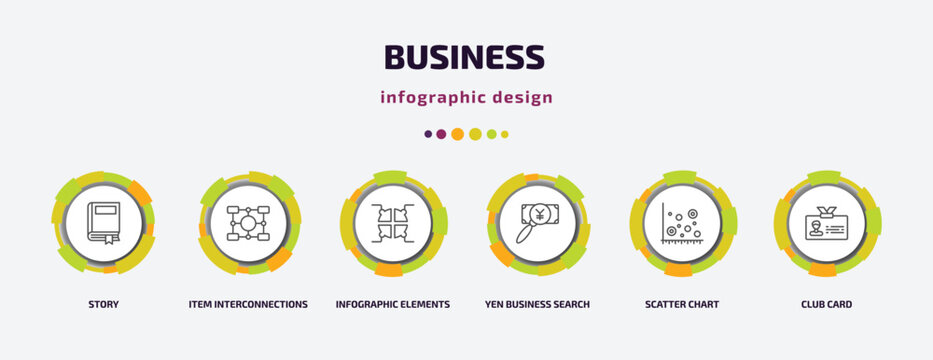 business infographic template with icons and 6 step or option. business icons such as story, item interconnections, infographic elements, yen business search, scatter chart, club card vector. can be
