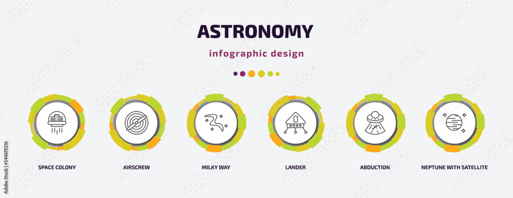 Poster astronomy infographic template with icons and 6 step or option. astronomy icons such as space colony