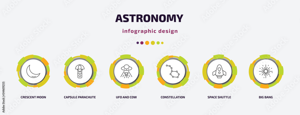 Poster astronomy infographic template with icons and 6 step or option. astronomy icons such as crescent moo