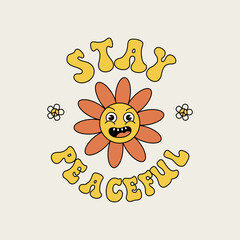 Retro groovy smile slogan with smile face and vintage daisy flowers for graphic t shirt or poster sticker