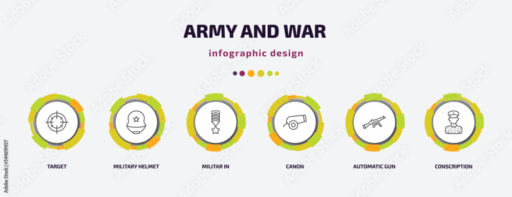 Poster army and war infographic template with icons and 6 step or option. army and war icons such as target