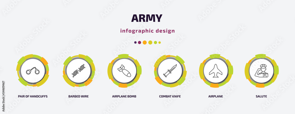 Poster army infographic template with icons and 6 step or option. army icons such as pair of handcuffs, bar