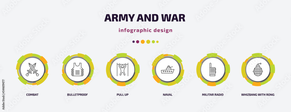 Aufkleber army and war infographic template with icons and 6 step or option. army and war icons such as combat