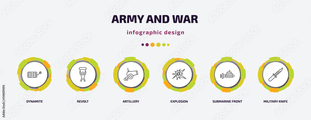 Aufkleber army and war infographic template with icons and 6 step or option. army and war icons such as dynami