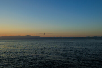 Orange sunset sky and sun over the sea. Water surface and outlines on the horizon.