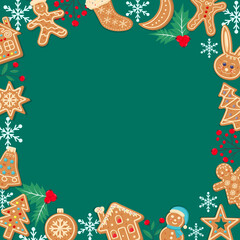 Green christmas gingerbread background. Xmas design with winter cookies, holly berries, snowflakes. Empty space for your text. Template for cards, banner, poster.