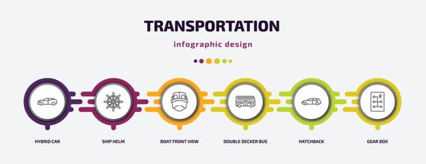 transportation infographic template with icons and 6 step or option. transportation icons such as hybrid car, ship helm, boat front view, double decker bus, hatchback, gear box vector. can be used - obrazy, fototapety, plakaty