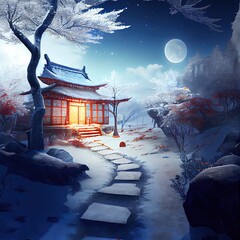 A surreal Chinese ancient CG rendering with a path, an old house beside the path, maple trees and milky white white leaves at night in winter snows cape