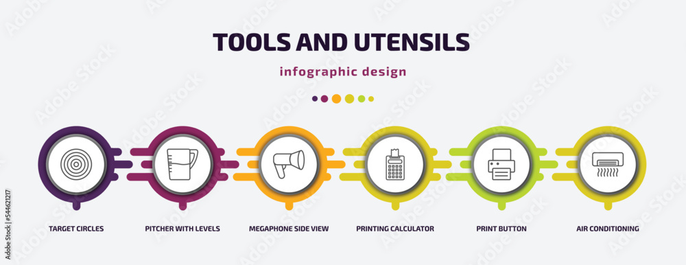 Poster tools and utensils infographic template with icons and 6 step or option. tools and utensils icons su