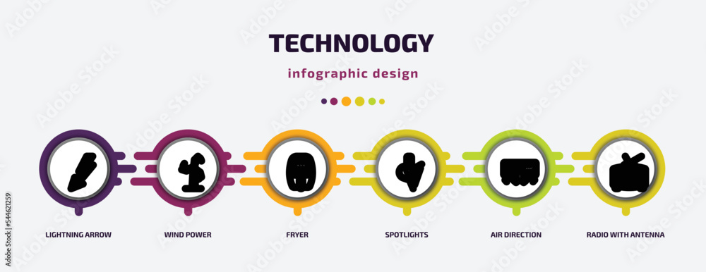 Aufkleber technology infographic template with icons and 6 step or option. technology icons such as lightning 