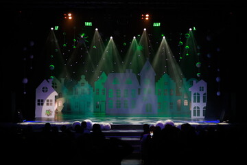scene, stage light with colored spotlights and smoke