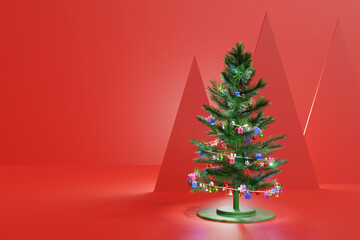 3d illustration red background mockup scene christmas and happy new year winter elegance holiday celebration christmas tree snow gifts gold