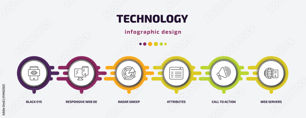 Poster technology infographic template with icons and 6 step or option. technology icons such as black eye,