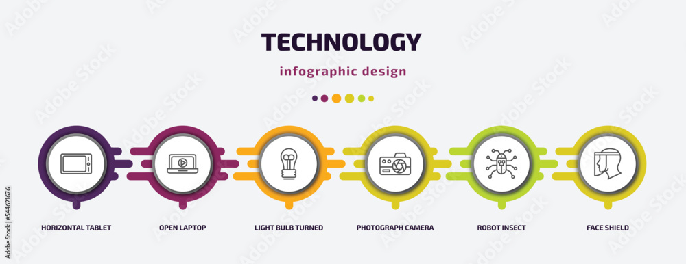 Poster technology infographic template with icons and 6 step or option. technology icons such as horizontal