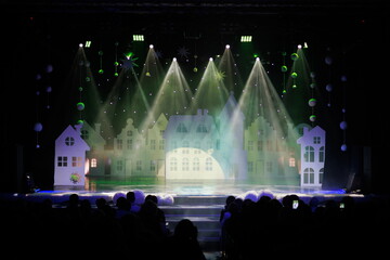 Theatrical scene without actors, scenic colorful light and smoke