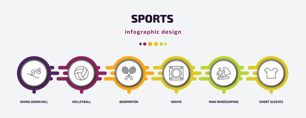 sports infographic template with icons and 6 step or option. sports icons such as skiing down hill, volleyball, badminton, dohyo, man windsurfing, short sleeves vector. can be used for banner, info