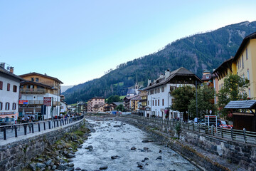 View of city of Moena in the Dolomites, Italy